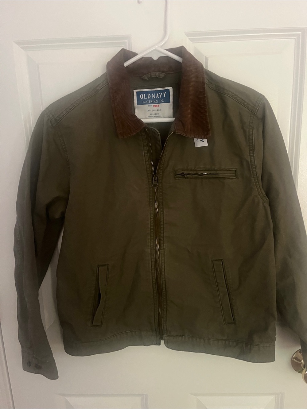 Old Navy kids  Olive Green barn  with Brown Corduroy Collar